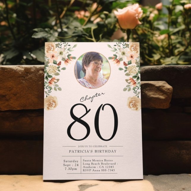 Invitation 80e anniversaire Floral Photo Party (Custom blush pink 80th birthday template with photo template in a garden setting)