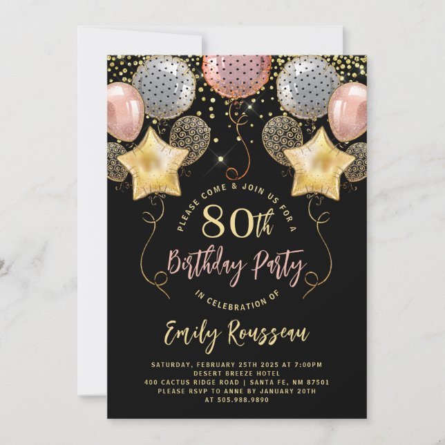 Invitation 80e anniversaire Gold Parties scintillant Ballons  (Devant)