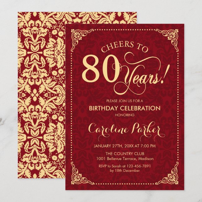 Invitation 80e anniversaire - Gold Red Damask (Devant / Derrière)