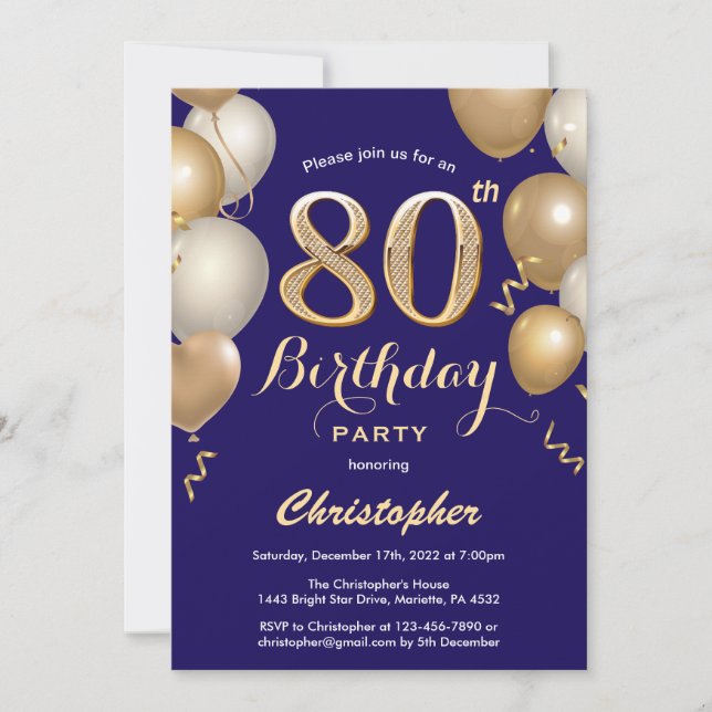 Invitation 80e anniversaire Marine Bleu et Ballons d'or Confe (Devant)