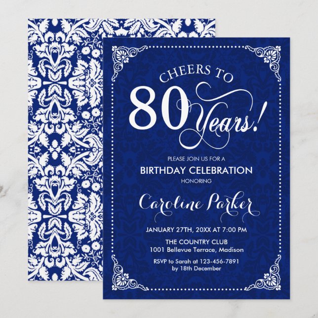 Invitation 80e anniversaire - Marine White Damask (Devant / Derrière)