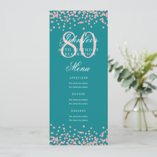 Invitation 80e Anniversaire Menu Rose Gold Confetti Turquoise