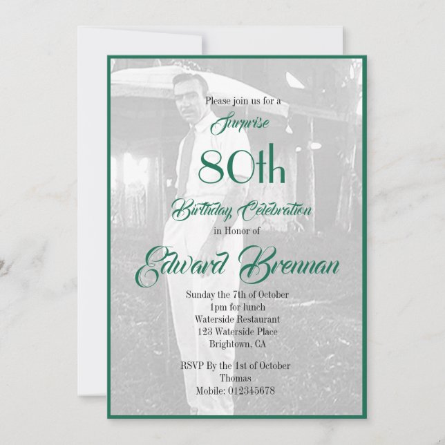 Invitation 80e anniversaire Monogramme Elégant Cadre Vert Pho (Devant)