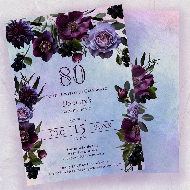 Invitation 80e anniversaire Moody Purple Gothic Flower (Créateur téléchargé)