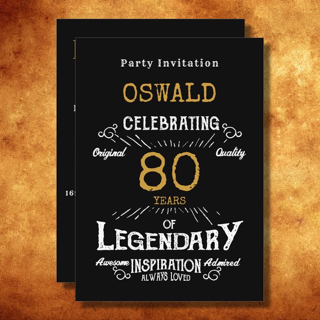 Invitation 80e anniversaire Né légendaire Black Gold Retro (For those celebrating their 80th birthday we have the ideal birthday party invitation)