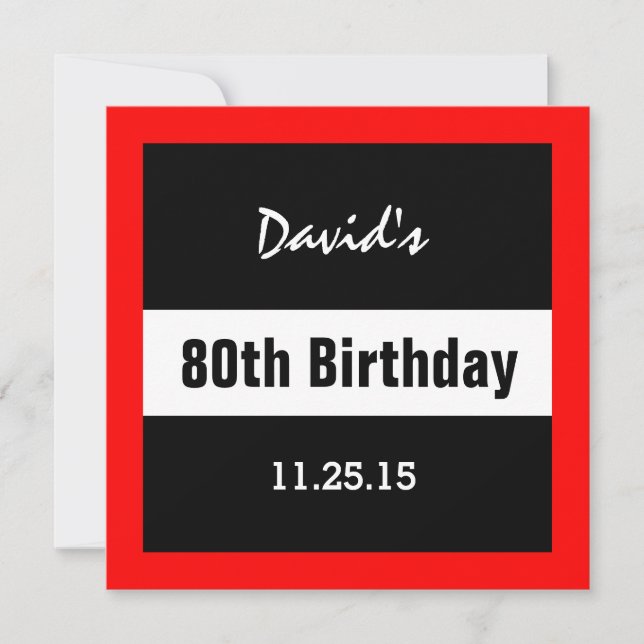 Invitation 80e anniversaire Noir avec cadre rouge personnalis (Devant)
