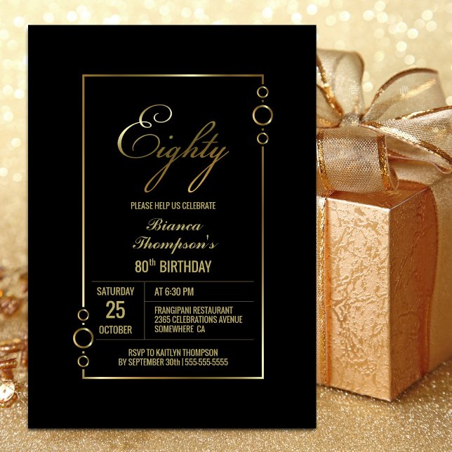 Invitation 80e anniversaire Noir avec Gold Frame Party (Créateur téléchargé)
