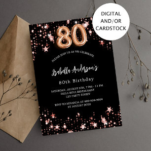 Invitation 80e anniversaire noir rose étoiles d'or