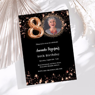 Invitation 80e anniversaire noir rose or photo étoiles luxe