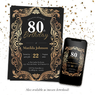 Invitation 80e Anniversaire Or Noir Glamour Boho Élégant
