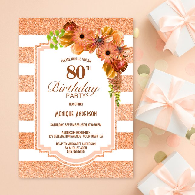 Invitation 80e anniversaire Orange Fête Florale rayée (Créateur téléchargé)