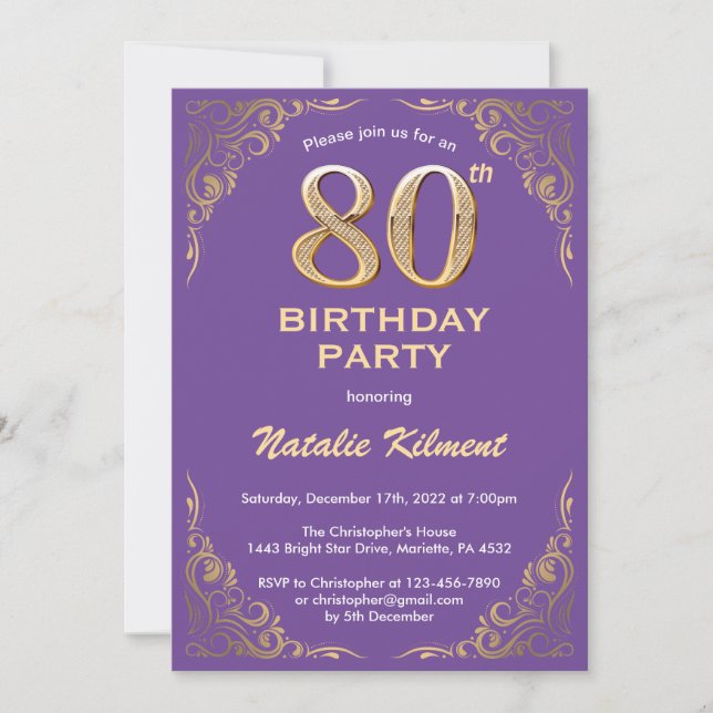 Invitation 80e anniversaire Parties scintillant violet et or (Devant)
