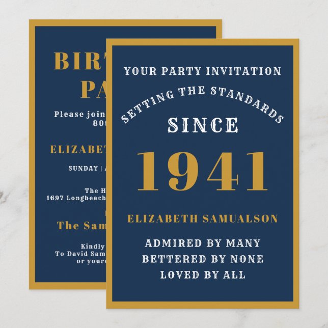 Invitation 80e anniversaire personnalisé 1941 Elégant Blue Go (Devant / Derrière)