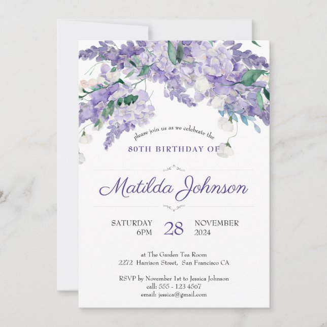 Invitation 80e anniversaire Purple Floral Aquarelle Élégante (Devant)