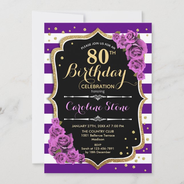 Invitation 80e anniversaire Purple Gold avec Roses (Devant)