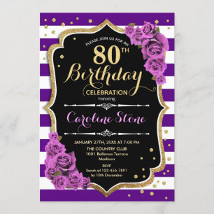 Invitation 80e anniversaire Purple Gold avec Roses