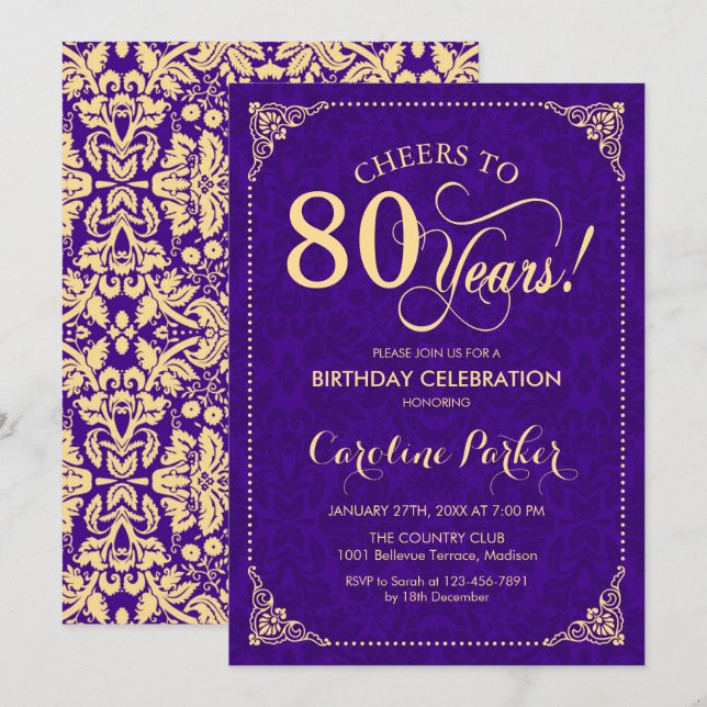 Invitation 80e anniversaire - Purple Gold Damask (Devant / Derrière)
