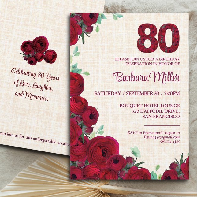 Invitation 80e anniversaire - Red Peonies Linen 80 ans (Créateur téléchargé)