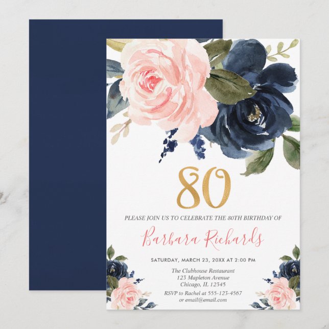 Invitation 80e anniversaire rose et bleu marine floral (Devant / Derrière)