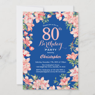 Invitation 80e anniversaire rose fleurs florales bleu