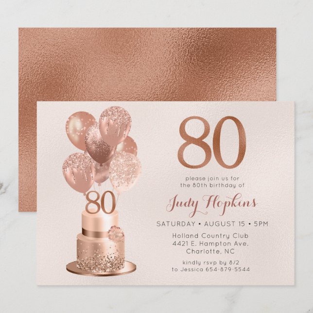 Invitation 80e anniversaire Rose Gold Cake (Devant / Derrière)