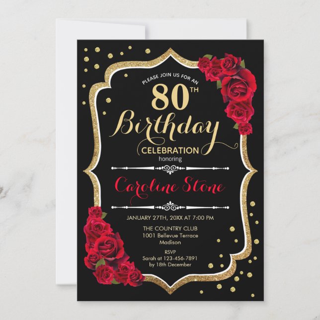 Invitation 80e anniversaire - Roses rouges noires d'or (Devant)