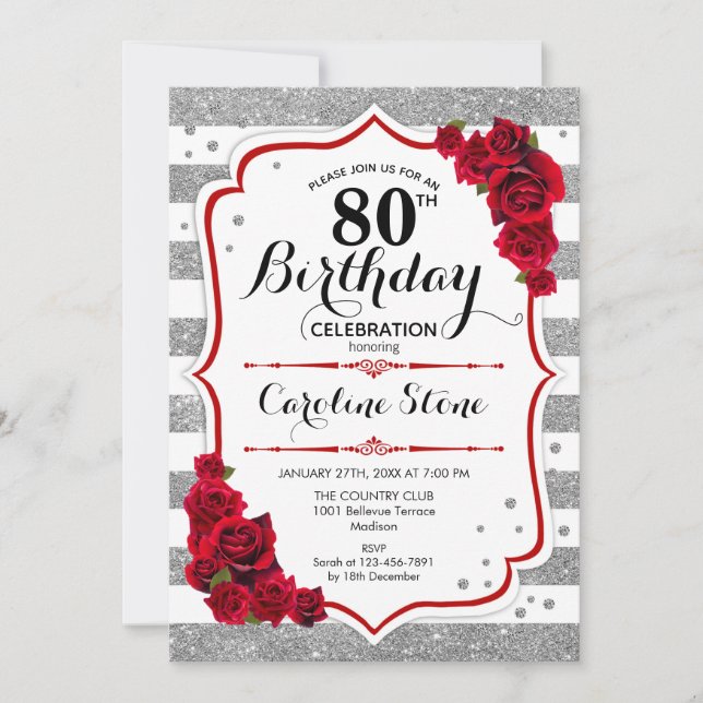 Invitation 80e anniversaire - Rouge argent blanc rayures Rose (Devant)