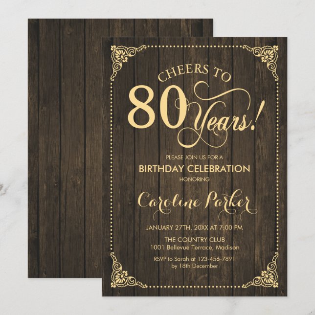 Invitation 80e anniversaire - Rustic Wood Gold (Devant / Derrière)