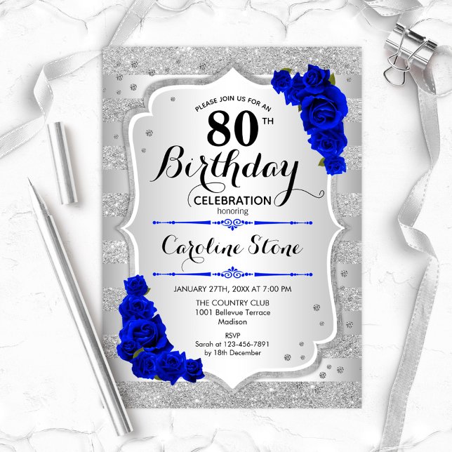 Invitation 80e anniversaire - Silver Stripes Royal Blue Roses (Créateur téléchargé)