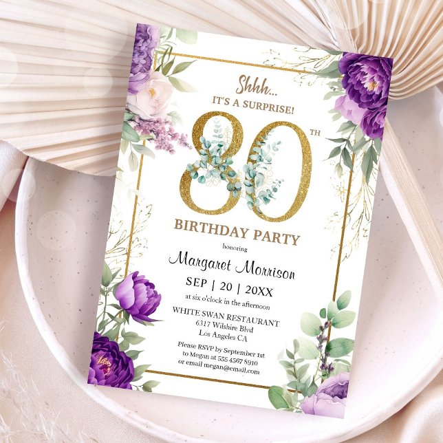 Invitation 80e Anniversaire Soirée Elegant Gold Purple Peony (Créateur téléchargé)
