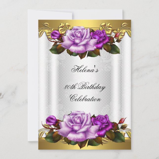 Invitation 80e Anniversaire Soirée Elégante Purple Gold Roses (Devant)