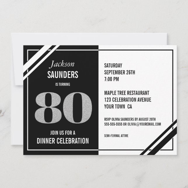 Invitation 80e anniversaire Soirée moderne Noir et Blanc (Devant)