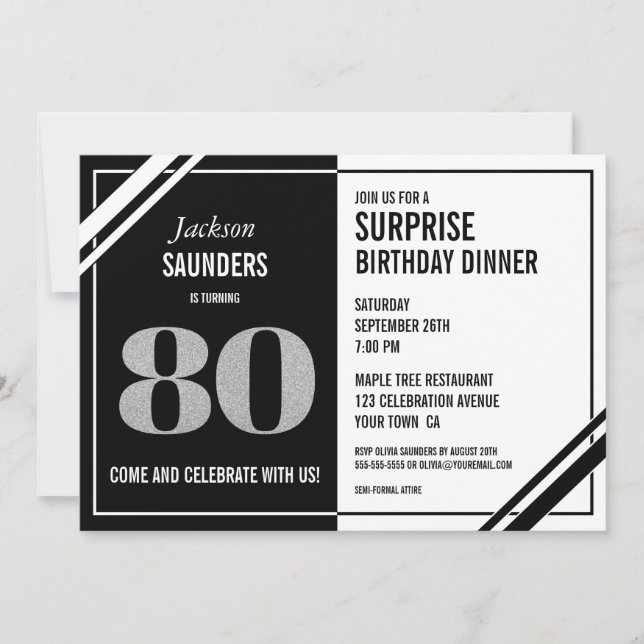 Invitation 80e Anniversaire Surprise Dîner noir blanc moderne (Devant)