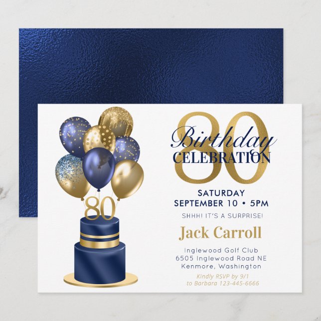 Invitation 80e anniversaire Surprise Navy Blue Cake (Devant / Derrière)