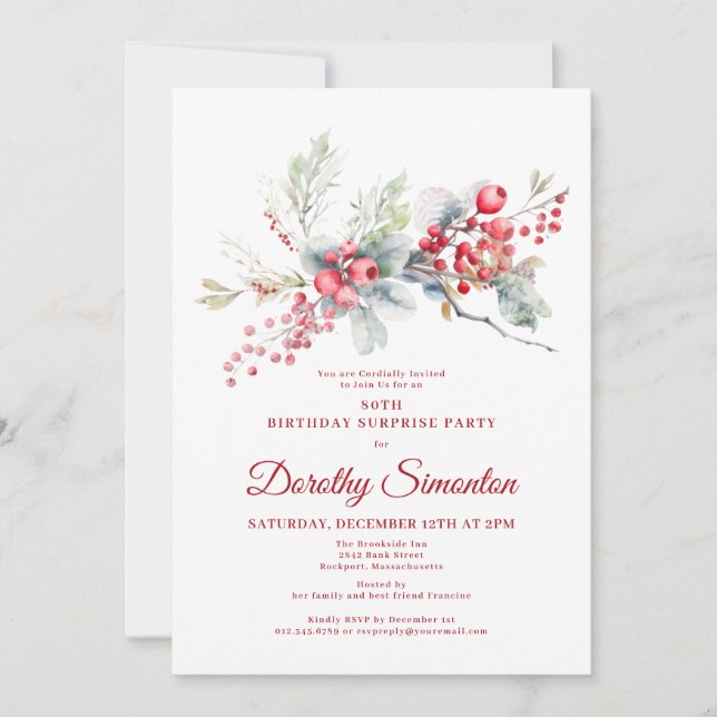 Invitation 80e anniversaire Surprise Party Verdure Berry Roug (Devant)