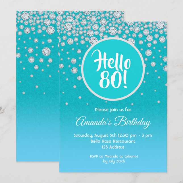 Invitation 80e anniversaire turquoise bleu diamants parties s (Devant / Derrière)
