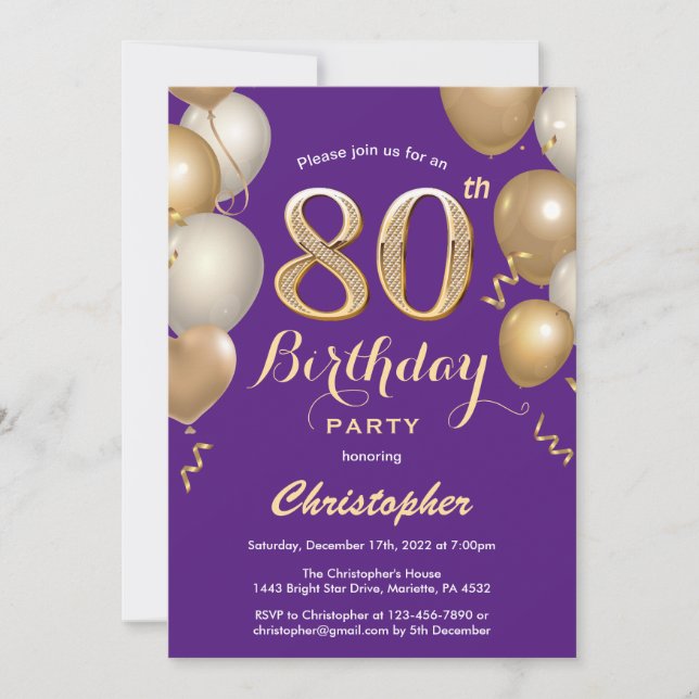 Invitation 80e anniversaire violet et ballons d'or Confetti (Devant)