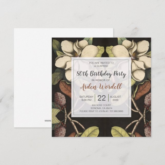 Invitation 80e anniversaire White Magnolias Surprise Party (Devant / Derrière)