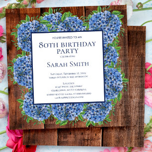 Invitation 80e anniversaire Wood Blue Hydrangeas Rustic Party