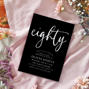 Invitation 80e Blanc sur Noir fête d'anniversaire Script mode