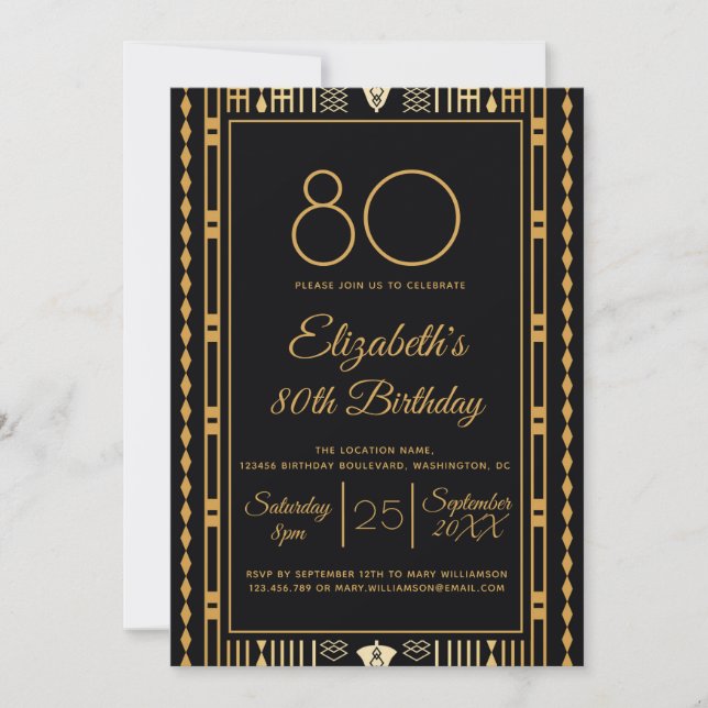 Invitation 80e fête d'anniversaire Black Gold Elegant Personn (Devant)