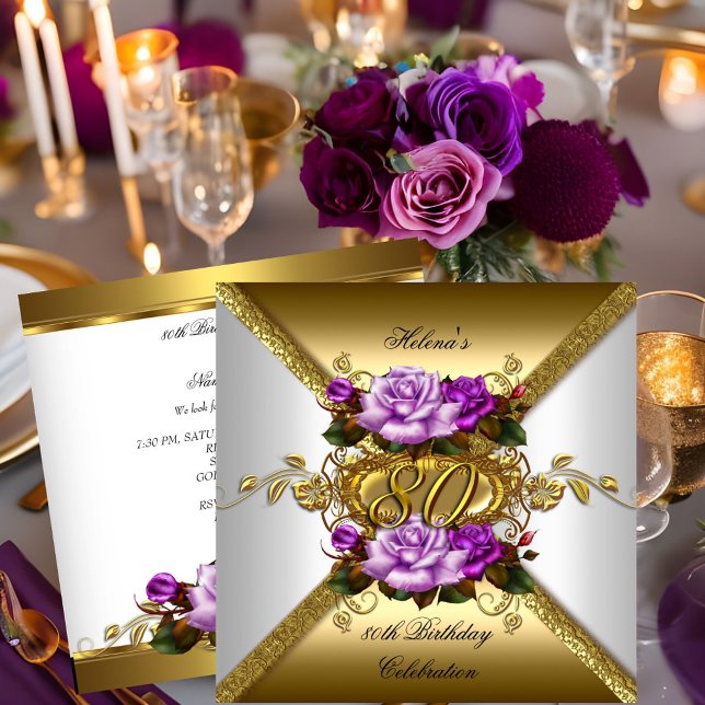 Invitation 80e fête d'anniversaire Elegant Purple Gold Roses  (Créateur téléchargé)
