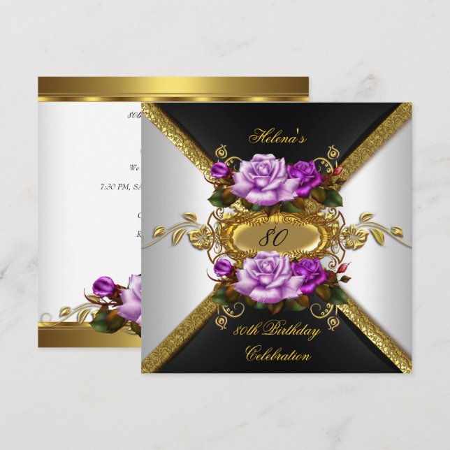 Invitation 80e fête d'anniversaire Elégant Roses d'or violet  (Devant / Derrière)