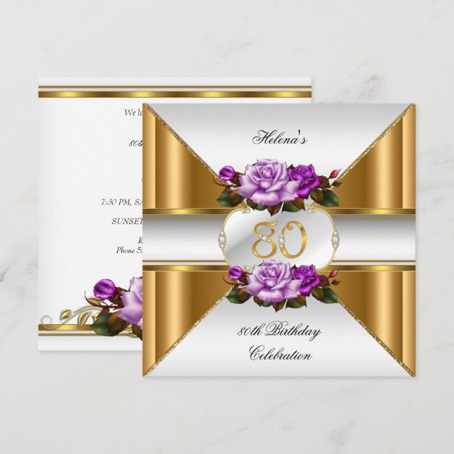Invitation 80e fête d'anniversaire Elégant violet Roses d'or  (Devant / Derrière)