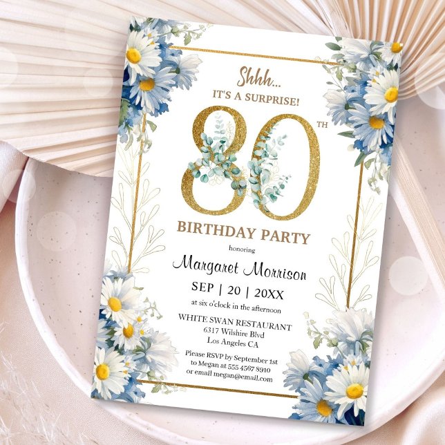 Invitation 80e fête d'anniversaire Gold Elegant Daisy Floral (Créateur téléchargé)