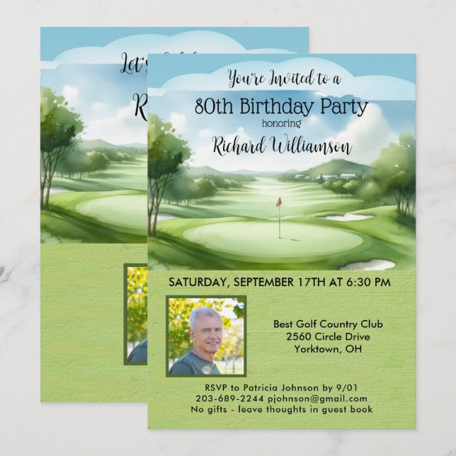 Invitation 80e Fête d'anniversaire Homme Photo Golf (Devant / Derrière)
