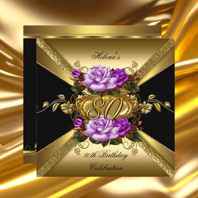 Invitation 80e fête d'anniversaire Purple Gold Roses Noir (Créateur téléchargé)
