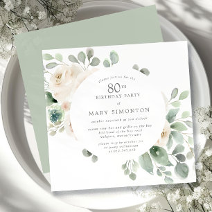 Invitation 80e fête d'anniversaire Rose blanche Floral Eucaly
