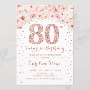 Invitation 80e fête d'anniversaire surprise - Rose blanche or