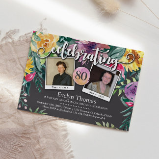 Invitation 80e Photo Aquarelle Florale Femme fête d'anniversa